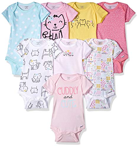 Baby Girls' 8-Pack Short Sleeve Mix & Match Bodysuits, Cuddly Cats & Flowers, 0-3 Months