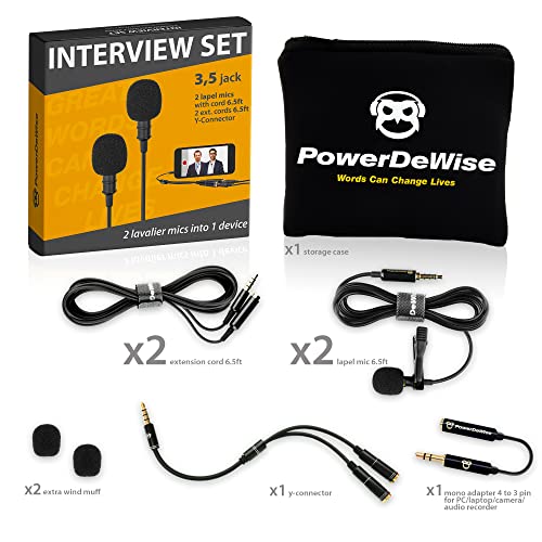 Professional Grade 2 Lavalier Clip-On Microphones Set for Dual Interview - Double Lav Lapel Microphone - Use for iPhone Phone Camera - Blogging Video Recording Noise Cancelling 3.5mm Mic