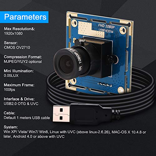 USB Camera Module Full HD 1080P Webcam Module,2MP Web Camera Module with Cmos OV2710 Image Sensor,High Fps 480p@100fps Web Cam Module,Webcamera Module for Windows,Linux,Mac,Raspberry Pi