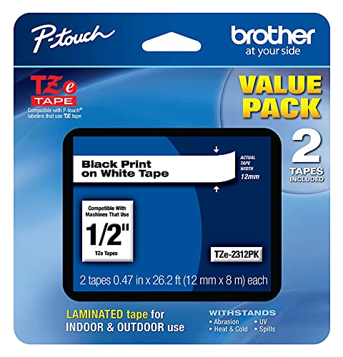 Genuine P-touch, TZe-231 2 Pack Tape (TZE2312PK) (0.47) x 26.2 ft. (8m) 2-Pack Laminated P-Touch Tape, Black on White, Perfect for Indoor or Outdoor Use, Water Resistant, TZE2312PK, TZE231