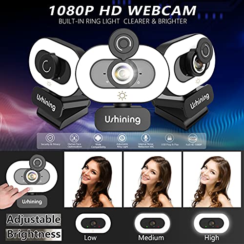 1080P Webcam with Ring Light and Privacy Cover Auto-Focus Streaming Cam Plug and Play Web Camera for Online Learning, Zoom Meeting Skype Teams, PC Mac Laptop Desktop Computer