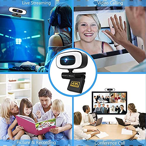 4K Webcam with Ultra HD 8MP Autofocus Ring Light, USB-C Adaptor, Privacy Lens Cover and Webcam Tripod Stand
