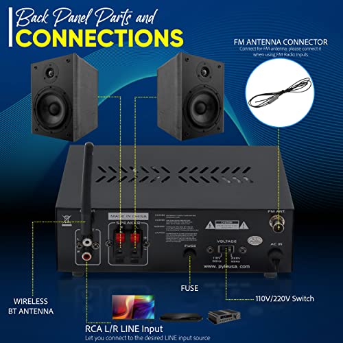 Bluetooth Mini Stereo Power Amplifier 2x120W Dual Channel Sound Audio Receiver Entertainment w/Remote, for Amplified Speakers, CD DVD, MP3, Theater via 3.5mm RCA Input, Studio Use PCAU48BT.5