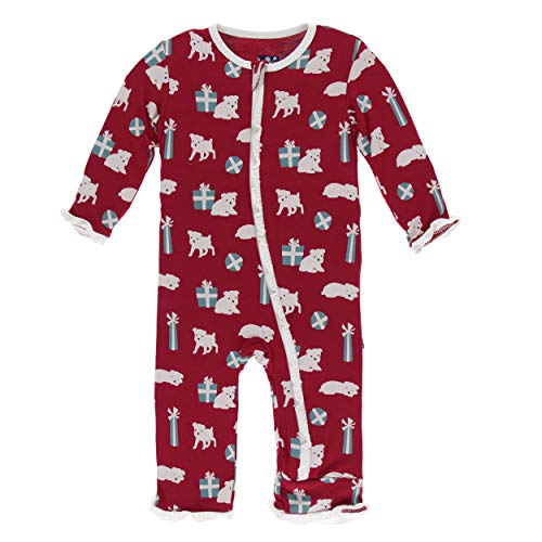 Little Girls Print Classic Ruffle Coverall with Zipper - Crimson Puppies and Presents, 0-3 Months