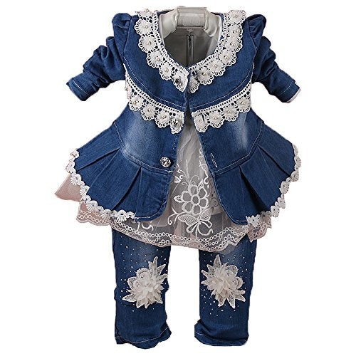 6M-4Y Infant 3Pcs Baby Girls Clothes Set Toddler Outfits Lace Dress Jacket and Jeans (2-3Y,Flower-White)