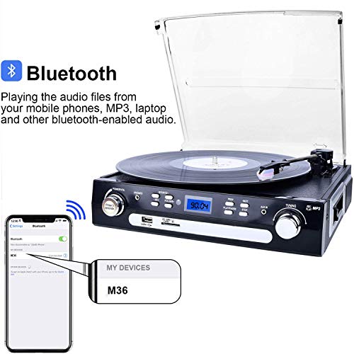 Bluetooth Record Player with Stereo Speakers, Turntable for Vinyl to MP3 with Cassette Play, AM/FM Radio, Remote Control, USB/SD Encoding, 3.5mm Music Output Jack(Black)