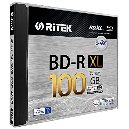 1 Pack BD-R XL BDXL 100GB Archival Grade Triple Layers 4X White Inkjet Hub Printable Blank Disc w/Standard Jewel Case