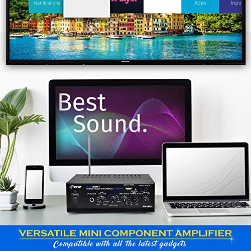 Bluetooth Mini Blue Series Home Audio Amplifier - Compact Desktop Home Theater-Stereo Amplifier Receiver with USB Charge Port - Pager & Mixer Karaoke Modes - Mic Input (40 Watt x 2) - PTA22BT