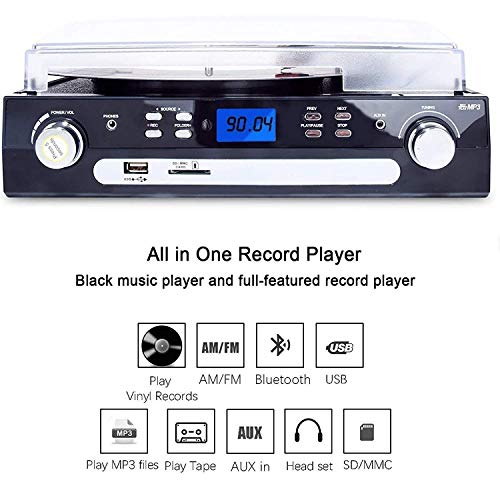 Bluetooth Record Player with Stereo Speakers, Turntable for Vinyl to MP3 with Cassette Play, AM/FM Radio, Remote Control, USB/SD Encoding, 3.5mm Music Output Jack(Black)