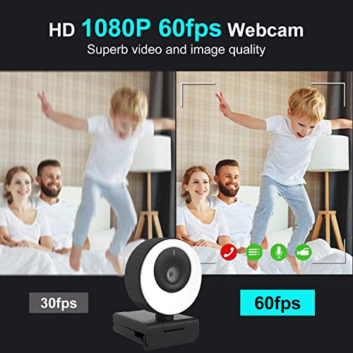 1080P 60FPS Webcam with Microphone, 2021 Computer Camera with Ring Light, Privacy Cover, Advanced Auto-Focus, Adjustable Brightness, Streaming Web Camera for Zoom Skype