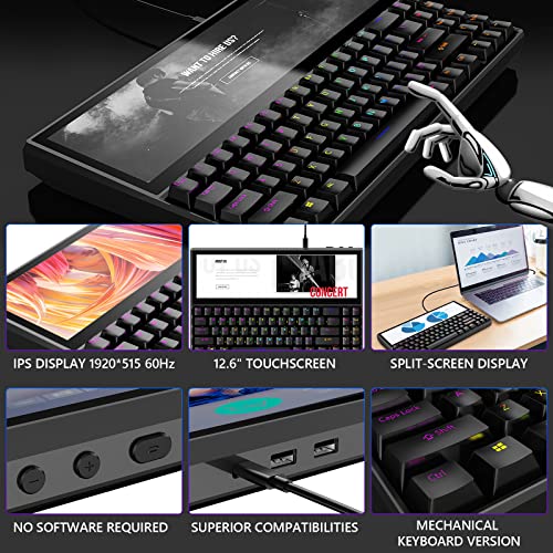 Ficihp Mechanical Keyboard, Built-in 12.6 Inch Touchscreen, Compact 71 Keys RGB LED Backlit N-Key Multifunctional Split Screen Keyboard for Mac Windows Android Black