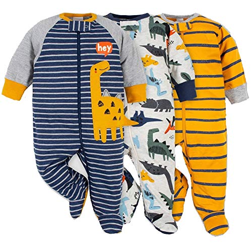 Onesies Baby Boy Sleep N Play Sleepers 3 Pack  Grey Yellow, 0-3 Months