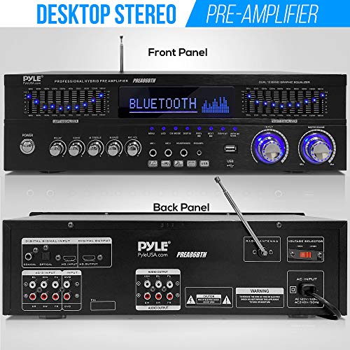 Bluetooth Hybrid Stereo Home Pre-Amplifier - Home Audio Rack Mount Desktop Stereo Pre-Amplifier Receiver w/ Radio, USB/AUX/RCA/Mic, Optical/Coaxial, AC-3, DVD Inputs, Dual 10 Band EQ - PREA86BTH