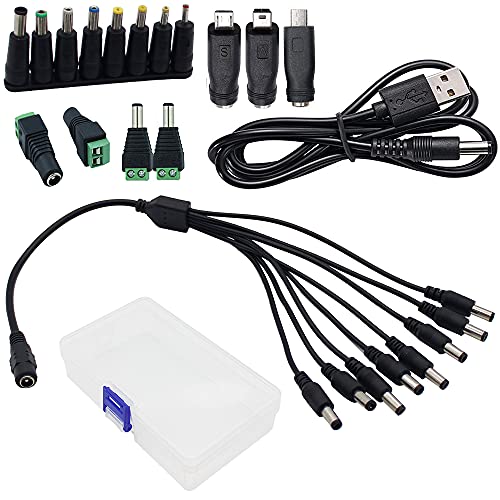 Universal 5V DC Power Cable, USB to DC 5.5x2.1mm Plug Powe Cord with Connectors(13pcs) DC Power Splitter Cable 1 Female to 8 Male Wire