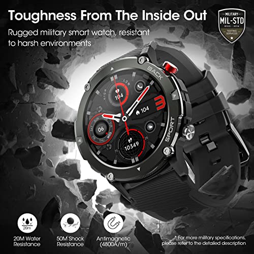Military Men Smart Watch(Answer/Make Calls), 2022 Newest Bluetooth Tactical Smart Watch for Android iPhone, IP68 Waterproof Outdoor Tough Rugged Fitness Tracker with AI Voice/Heart Rate/Sleep, Black
