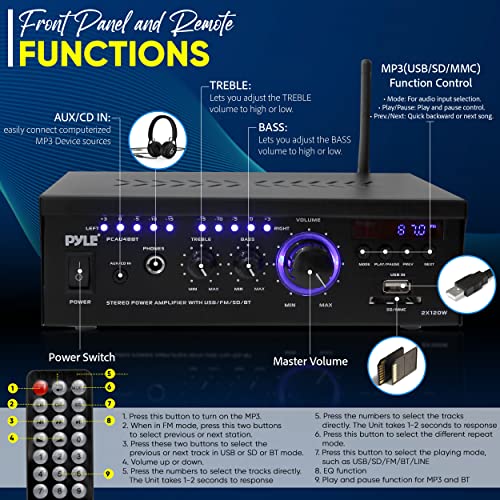 Bluetooth Mini Stereo Power Amplifier - 2x120W Dual Channel Sound Audio Receiver Entertainment w/Remote, for Amplified Speakers, CD DVD, MP3, Theater via 3.5mm RCA Input, Studio Use - PCAU48BT.5
