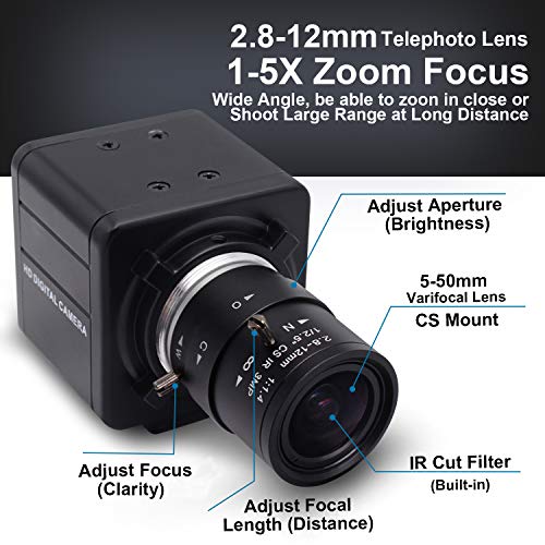USB Camera with Zoom 2.8-12mm Varifocal Lens 8MP Manual Focus Mini USB Webcam 2448P High Definition USB with Camera Sony IMX179 Sensor Industrial Aluminum Shell Computer Camera for Tripod Mount