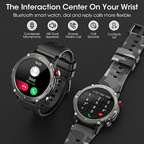 Military Men Smart Watch(Answer/Make Calls), 2022 Newest Bluetooth Tactical Smart Watch for Android iPhone, IP68 Waterproof Outdoor Tough Rugged Fitness Tracker with AI Voice/Heart Rate/Sleep, Black