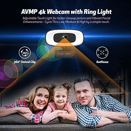4K Webcam with Ultra HD 8MP Autofocus Ring Light, USB-C Adaptor, Privacy Lens Cover and Webcam Tripod Stand