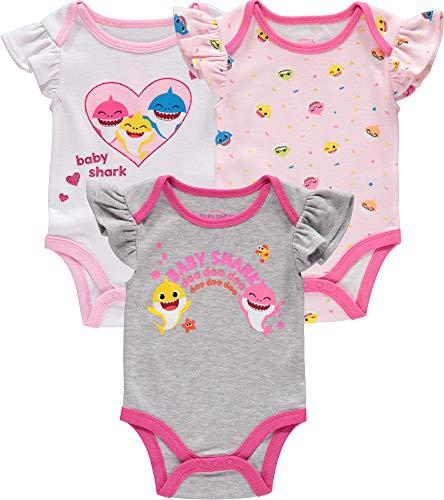 Baby Shark Baby Girls Bodysuit Three Pack - Baby Bodysuit Multipack -   Girl Clothes (Grey/White/Pink, 0-3M)