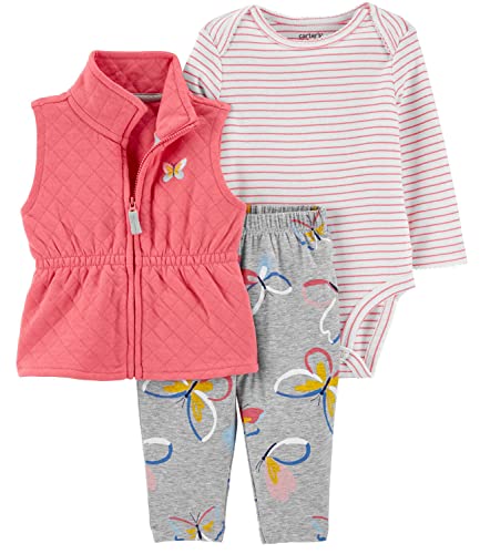 Baby Girls' 3 Piece Vest Little Jacket Set (3 Months, Baby Pink/Heather Butterfly)