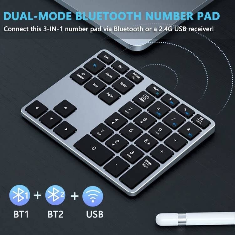 Bluetooth Number Pad, Multi-Device Wireless Numeric Keypad, Aluminum Dual Mode 3-in-1 (BT1+BT2+USB) Portable Slim Bluetooth Numpad 10 Key for Laptop, Mac, MacBook Air/Pro, iMac, Surface Pro