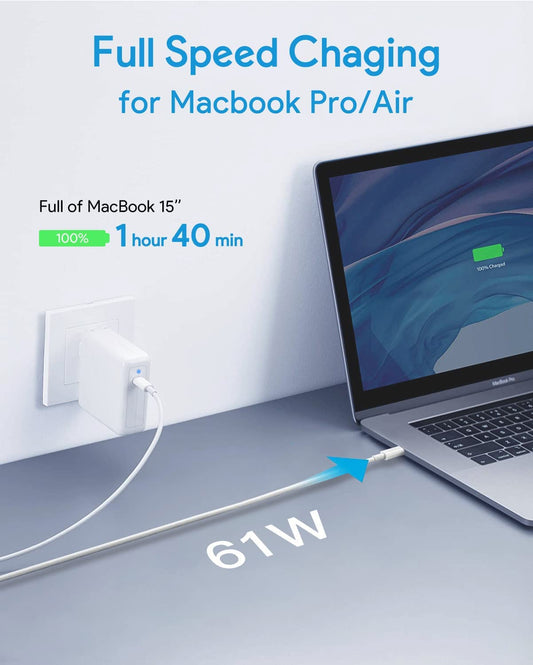 MacBook Pro 13 Inch Charger 61W USB C Power Adapter with Cable