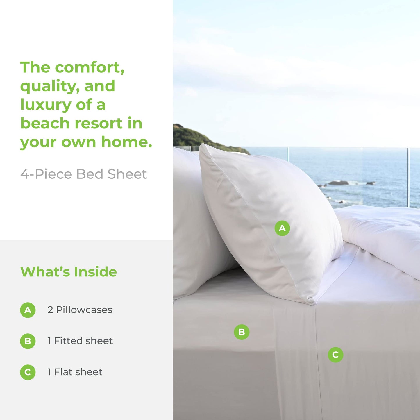 Resort Bamboo-Viscose 4-Piece Bed Sheet Set Cooling, Odor-Resistant, Hypoaller ic, Soft and Durable Flat and Fitted Sheets and Two Pillowcases Queen Blue Lagoon
