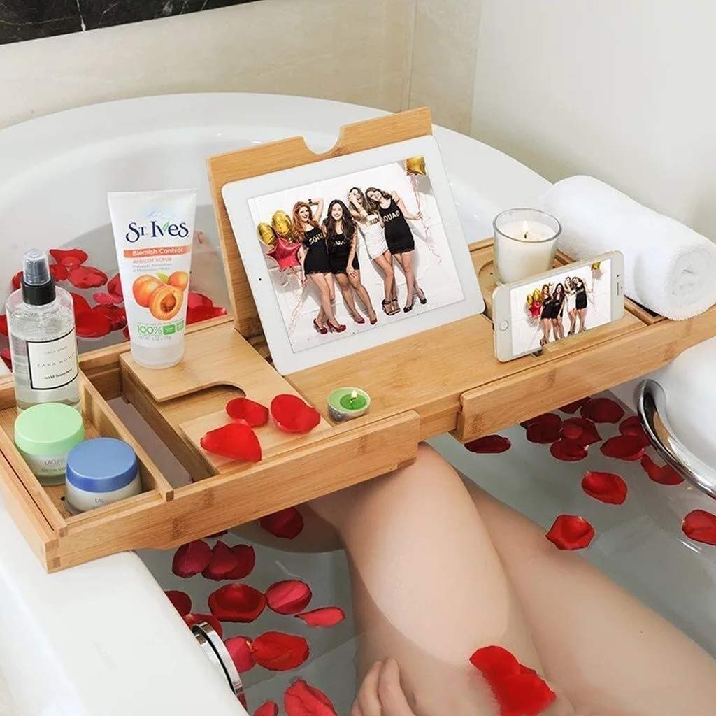 Bathtub Rack with Feet Bamboo Telescopic Non- Waterproof Bath Cell Phone Rack Wine Rack Multi Functional Tray Rack Tray with Book and Wine Holder Bath Bathroom Organizer Bed Tray