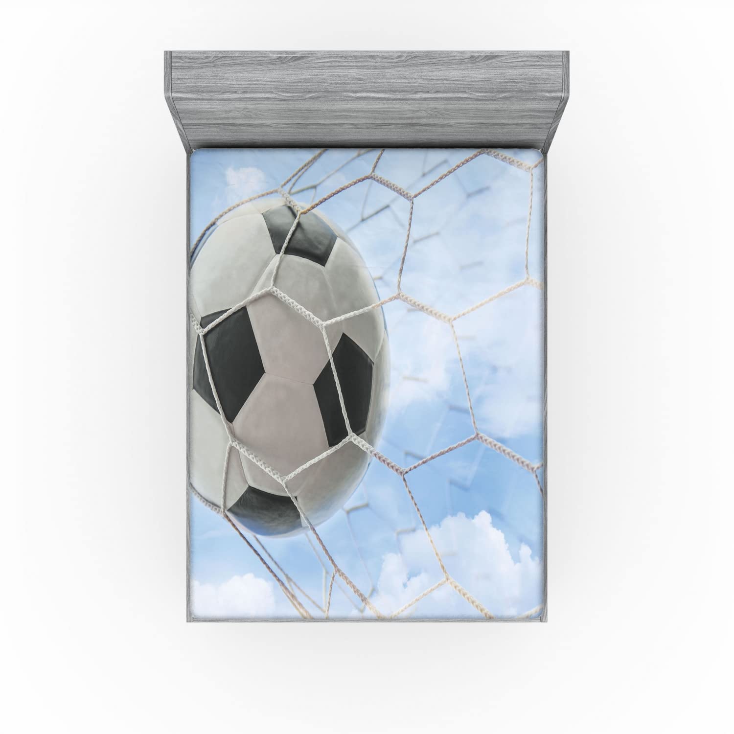 Sports Fitted Sheet, Soccer Ball Goal with Cloudy Sky Summertime Outdoor Activities Sporting, Soft Decorative Fabric Bedding All-Round Elastic Pocket, Full Size, White and Blue