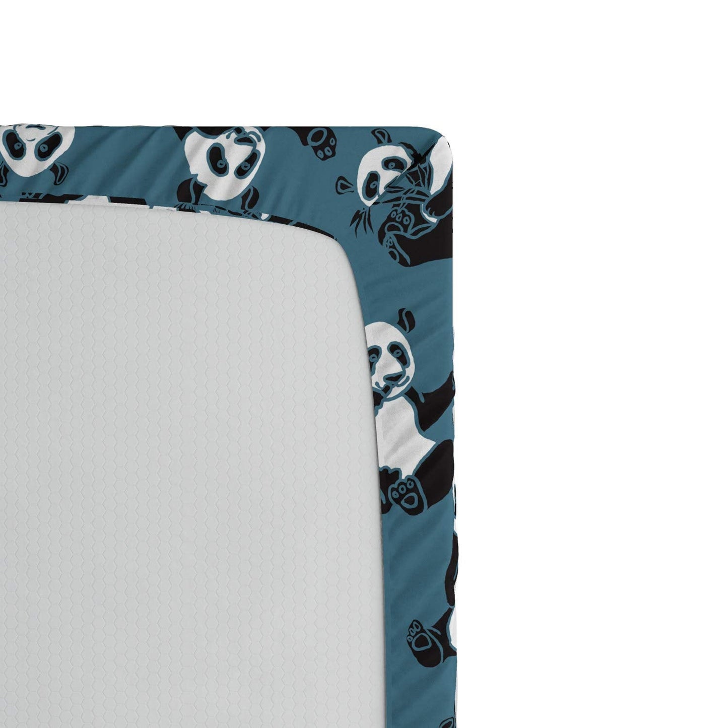 Panda Fitted Sheet, Chinese Wildlife Bamboo Stalks and Leaves with Bears on Abstract Backdrop, Soft Decorative Fabric Bedding All-Round Elastic Pocket, Full Size, Petrol Blue