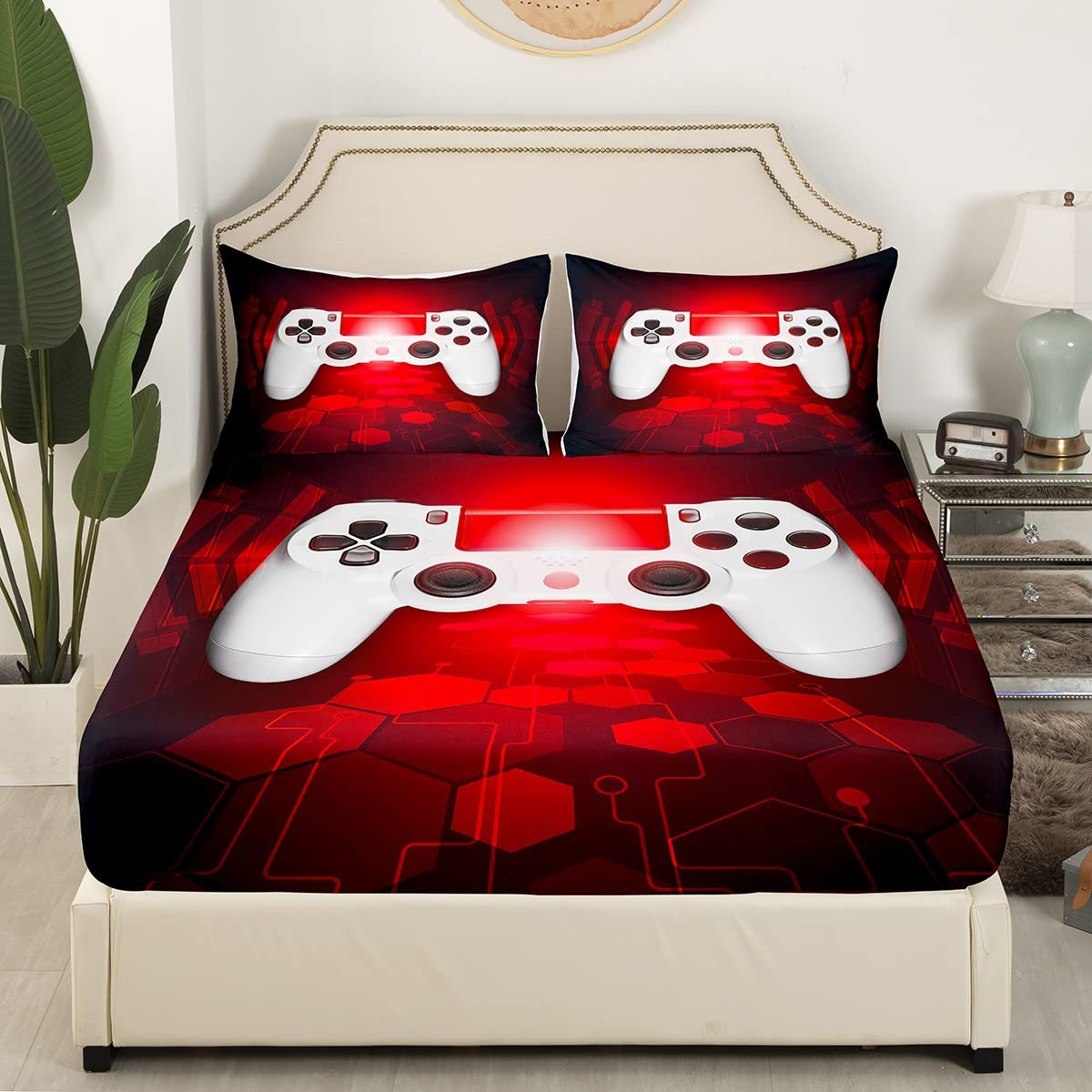 Boys Gaming Bedding Sets, Full for Kids Girls Child Son Video Games Fitted Sheet Chic Red White Modern Novelty Game Controller Gamer Fitted Bed Sheets, Not Include Flat/Top Sheet