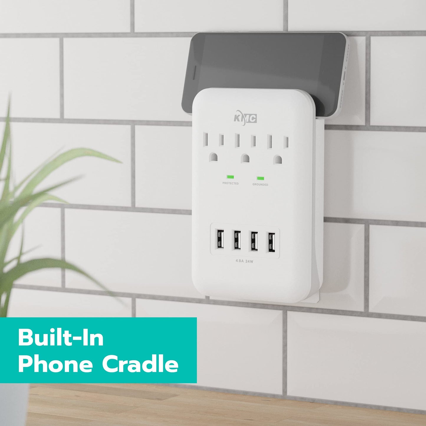 3-Outlet Wall Mount Surge Protector 900 Joules with 4.8 AMP USB Charging Ports, 4 USB Charging Ports and 1 Phone Holders for Home, School, Office, ETL
