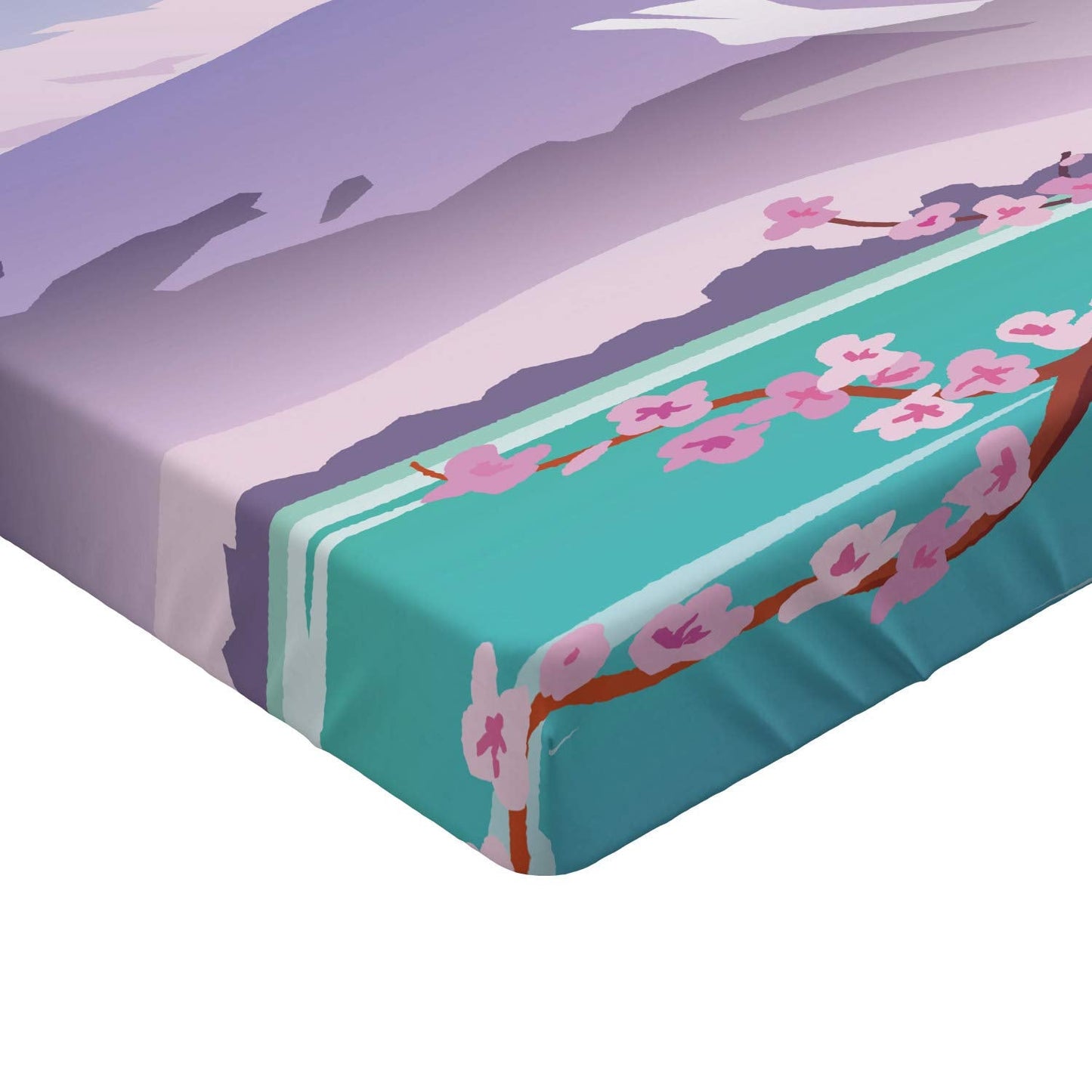 Fitted Sheet, Mount Hill Design with Sakura Cherry Blossom Oriental Landscape, Soft Decorative Fabric Bedding All-Round Elastic Pocket, Full Size, Turquoise Lavender