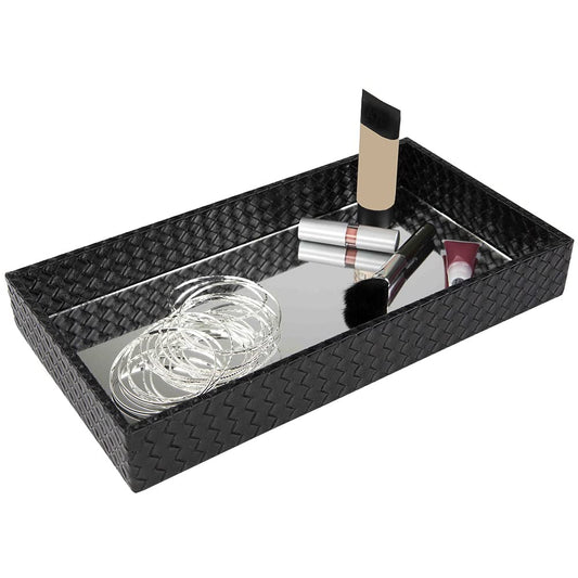 Decorative Leather Bath Vanity Tray with Mirror, Black
