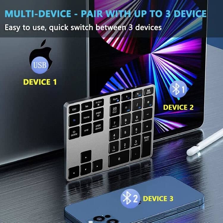Bluetooth Number Pad, Multi-Device Wireless Numeric Keypad, Aluminum Dual Mode 3-in-1 (BT1+BT2+USB) Portable Slim Bluetooth Numpad 10 Key for Laptop, Mac, MacBook Air/Pro, iMac, Surface Pro