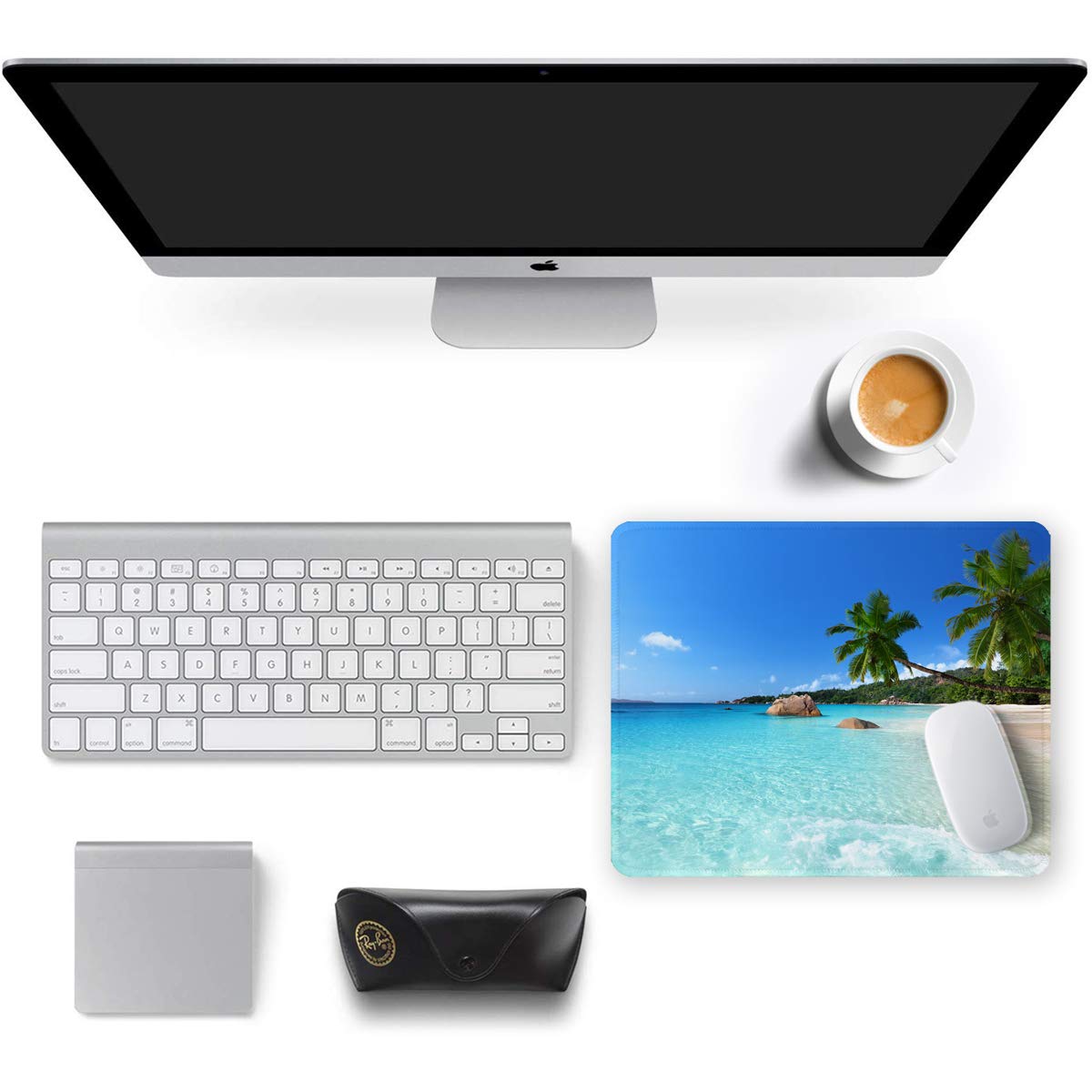 Mouse Pad, Square Beach Style Anti-Slip Rubber Mousepad with Durable Stitched Edges for Gaming Office Laptop Computer PC Men Women Kids, Cute Custom Pattern, Beach and Coconut Trees Design