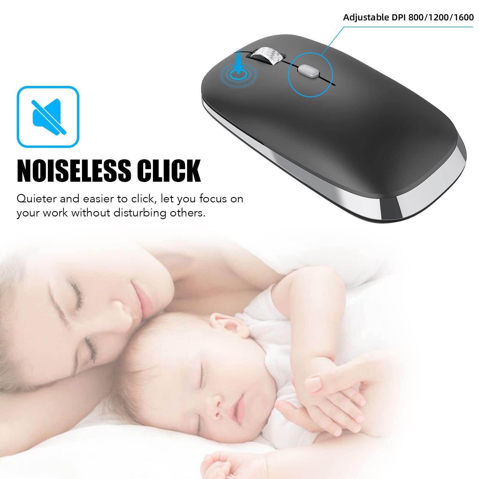 Bluetooth Mouse, Silent Mouse Wireless, Bluetooth 5.0/4.0 Portable Slim Wireless Mouse, Optical Cordless Mouse for Laptop, ipad, MacBook Pro / Air, Mac, PC, Tablet, Chromebook, Surface Pro
