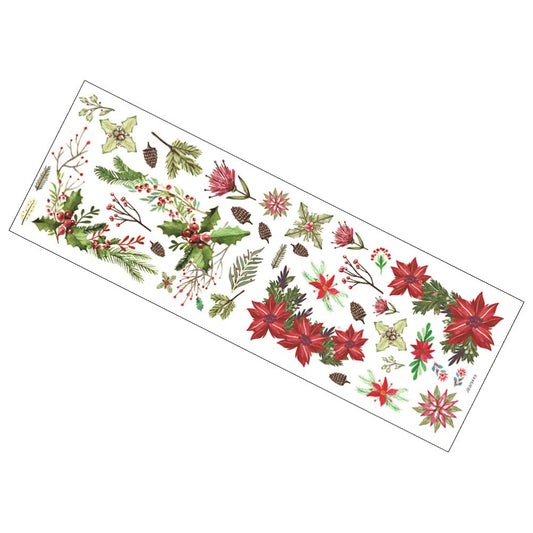 1 Sheet Poinsettia Flower Wall Stickers, Holly Berries Wall Decal, Self- Adhesive Mistletoes Window Sticker for Home Winter Door Window Wall Decoration