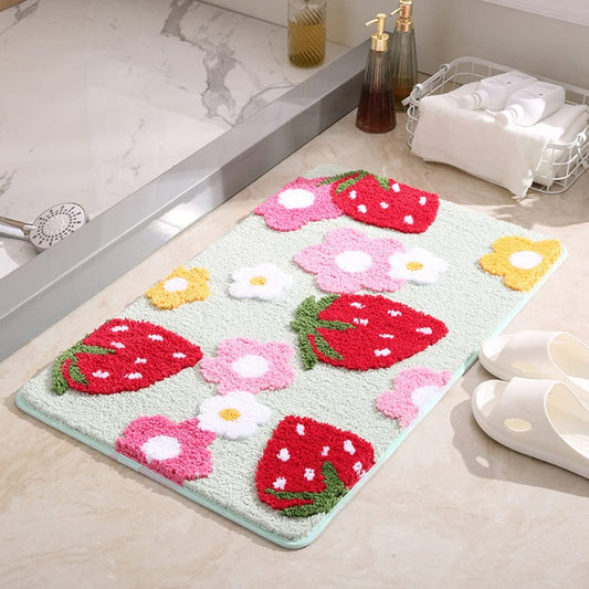 Soft Cozy Str berry Bathroom Rugs Bath Mat Cute Doormat Non Absorbent Washable Shaggy Bedroom Durable Plush Door Mats Bathtub Shower Bath Rug for Girls 17.7" X 25.6", Green)