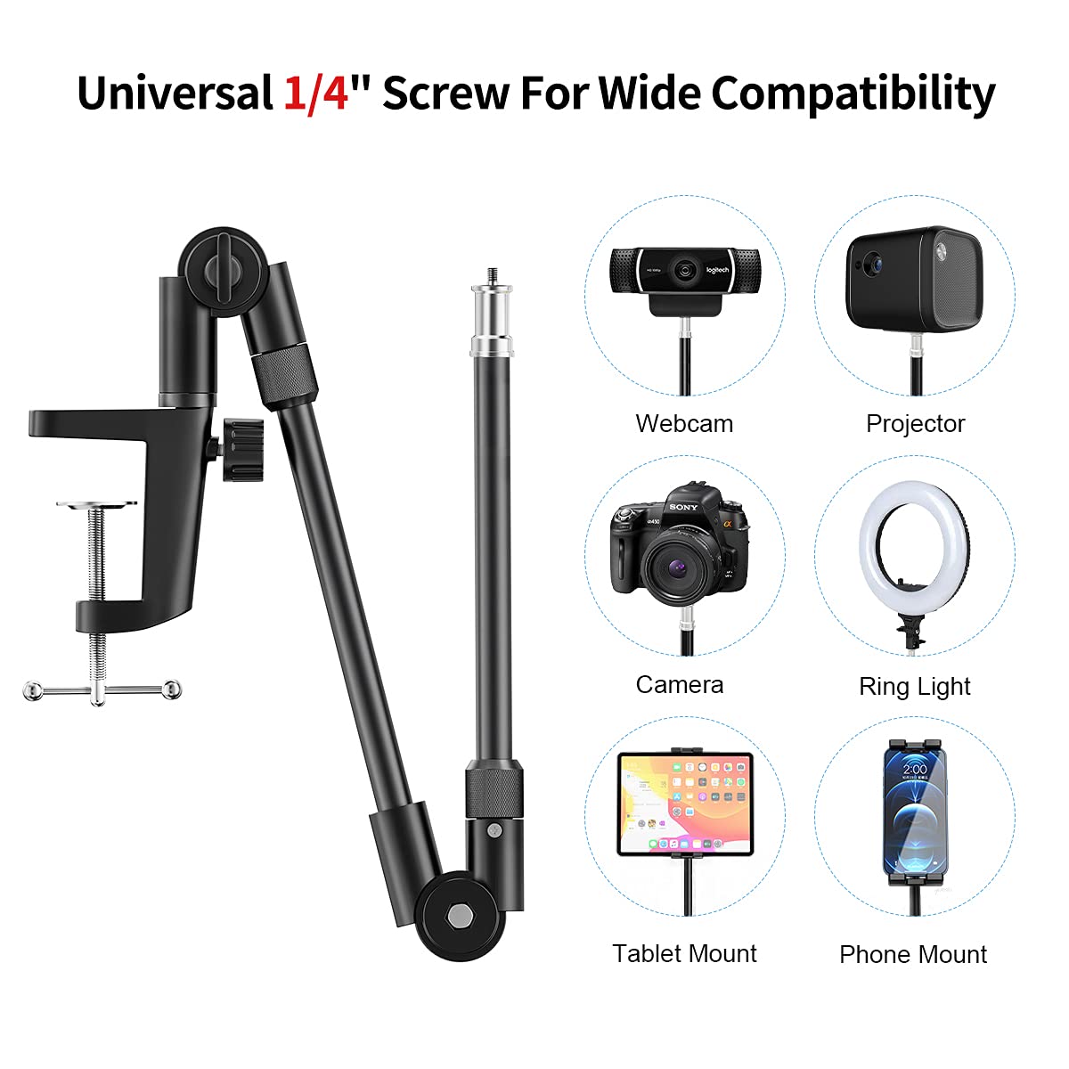 Tablet Stand Holder with 360 Phone iPad Tripod Mount, 27in Long Arm Webcam Stand Projector Camera Mount for Desk, Fit for 4.7"-13" Devices, iPad Pro 12.9 Air Mini, Galaxy Tabs, Switch, Kindle, iPhone