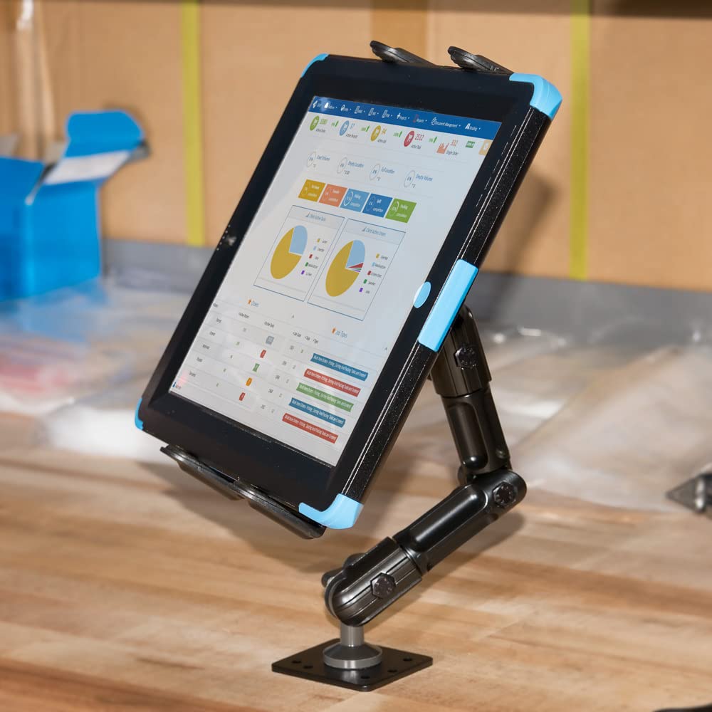 Heavy-Duty Tablet Holder - Adjustable Arm with Drill Base Mount for Cars, Dashboards, Walls, Desks, Trucks, Vehicles, Tabletops - Professional Flexible Stand for Apple iPad & Android Tablets