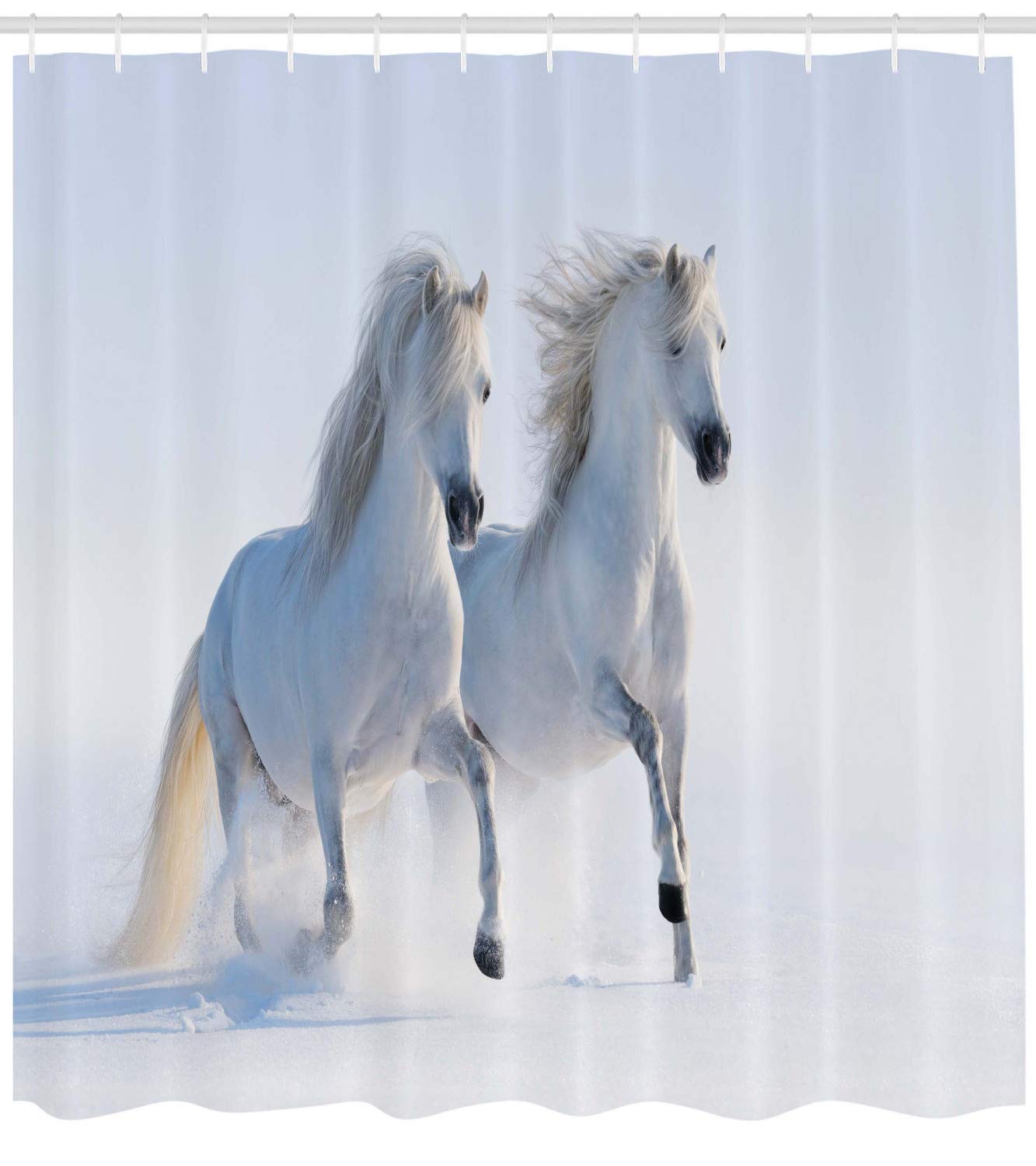 Horses Shower Curtain, loping Rare Spotted Horses on Snow Field Dominant es A ino Different Animals Print, Cloth Fabric Bathroom Decor Set with Hooks, 69" W x 84" L, White