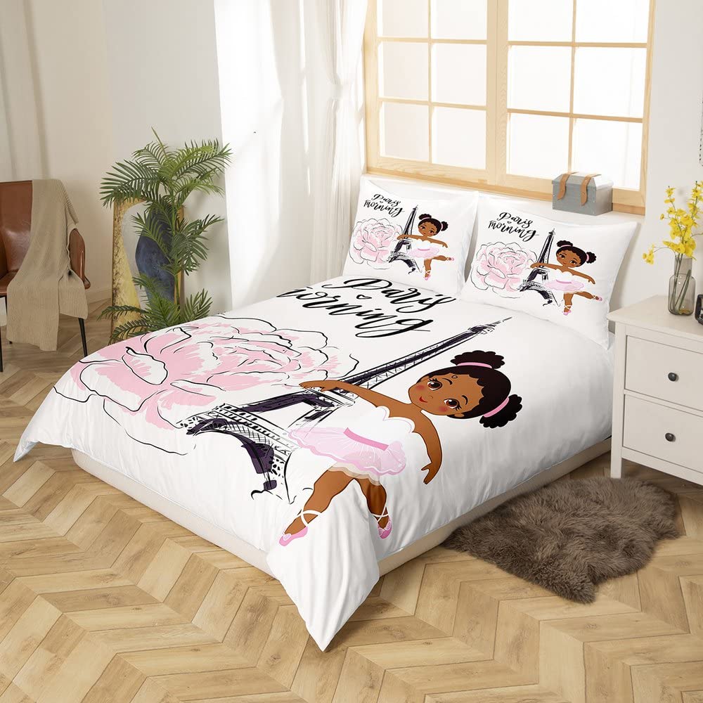 Girls Eiffel Tower Bedding Set,Chic Paris Duvet Cover Set,Cute Black Ballet Girl Comforter Cover for Women Kids Girls Teens,Pink Rose Flower Bedroom Decor Modern French Style Bed Sets Twin
