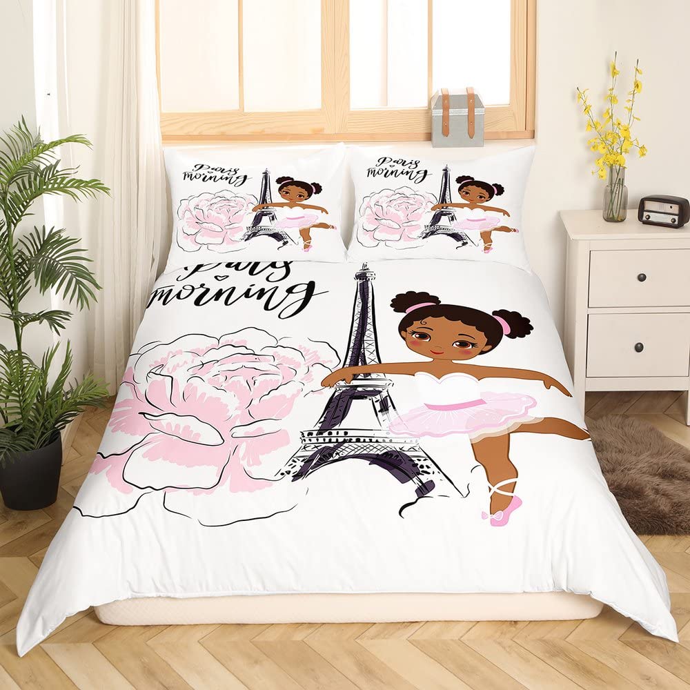 Girls Eiffel Tower Bedding Set,Chic Paris Duvet Cover Set,Cute Black Ballet Girl Comforter Cover for Women Kids Girls Teens,Pink Rose Flower Bedroom Decor Modern French Style Bed Sets Twin