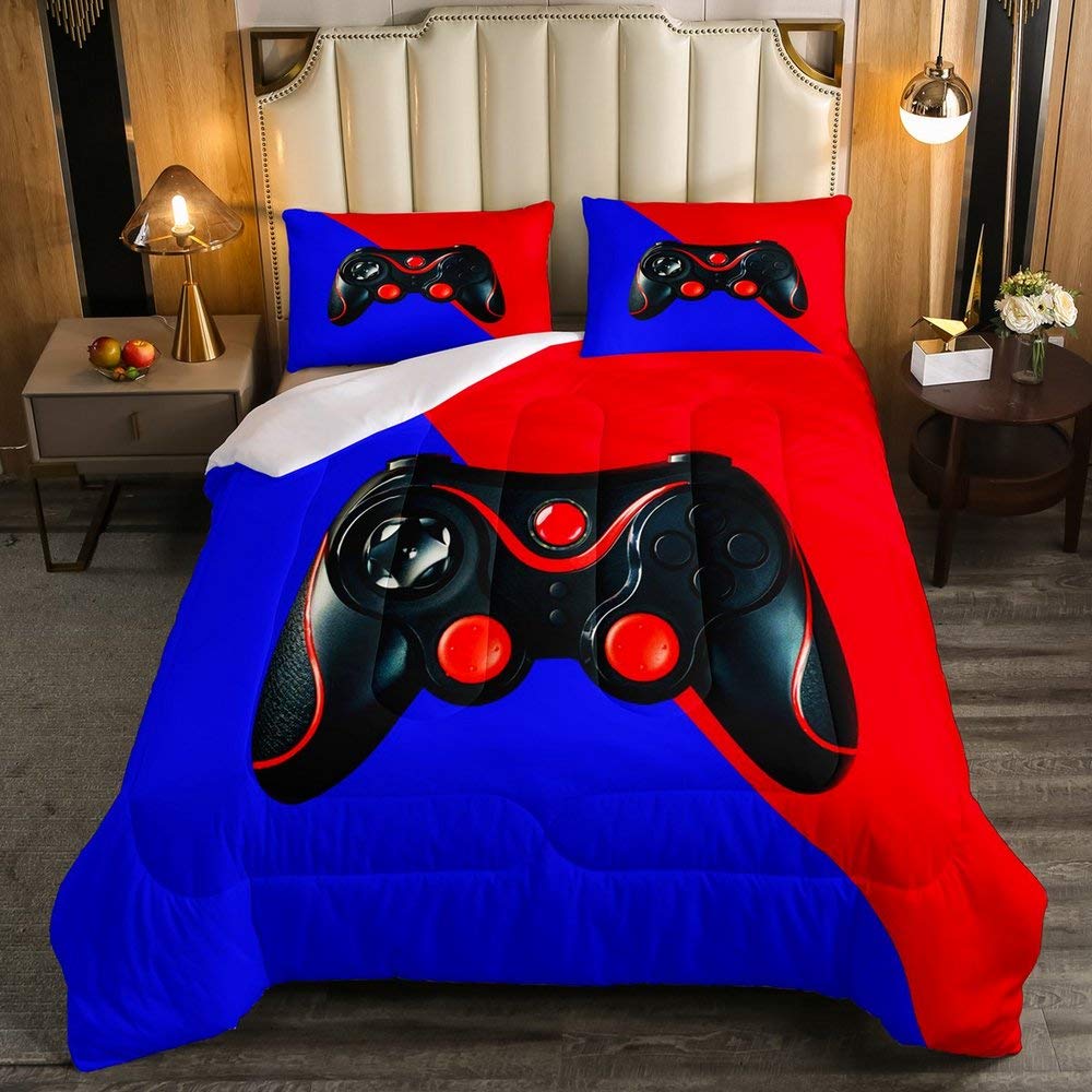 Gaming Quilted Duvet Red And Blue Video Games Gamer Comforter Set for Teens Kids Boys Gamepad Action Buttons Joysticks Duvet Insert Girls Children Game Room Decor Soft Bedding Comforters, Full
