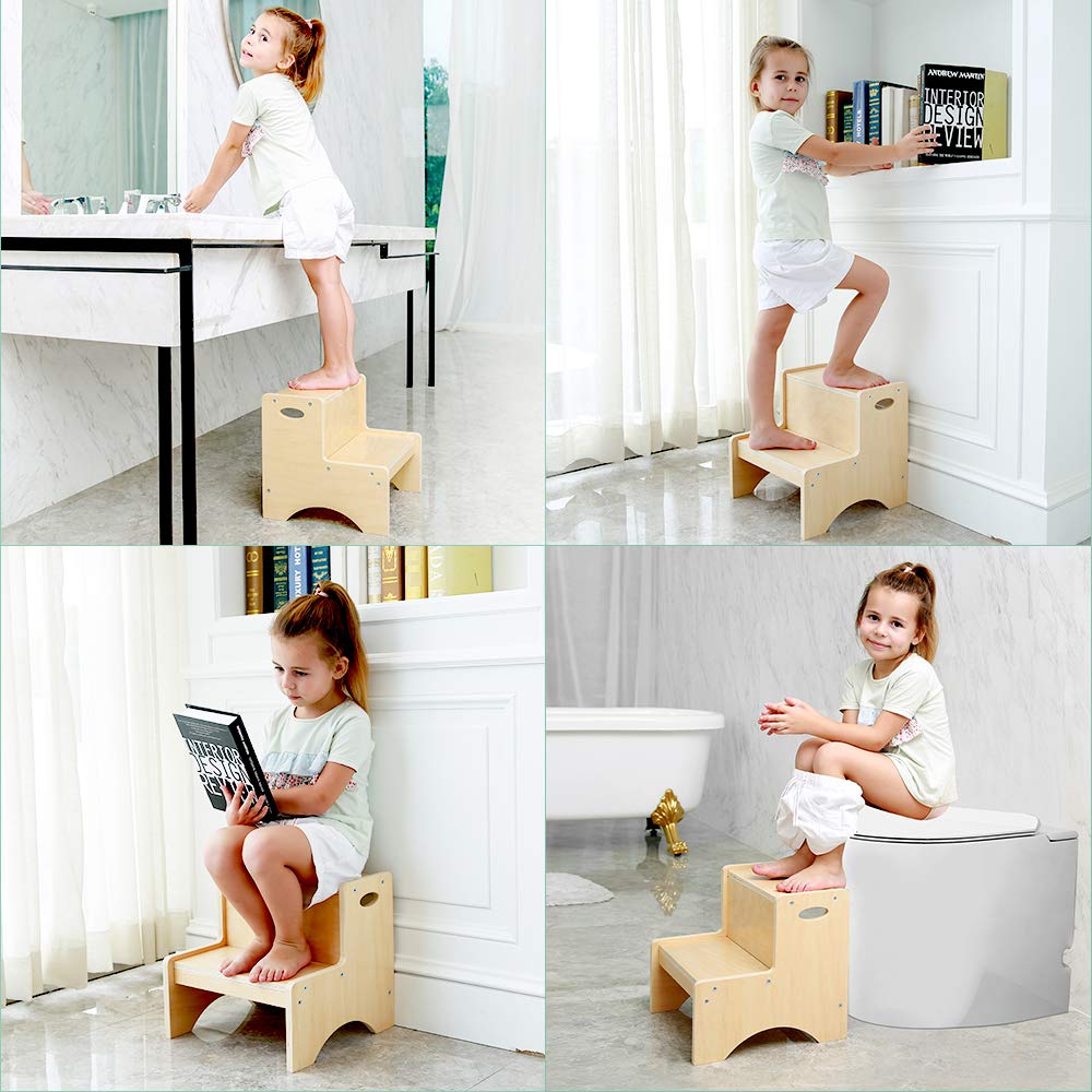 Step Stool for Kids, Wood Two Step Children's Stool with Bonus Safety Non- Mats and Handles, Bathroom Potty Stool& Kitchen Step Stool for Home Use Natural)