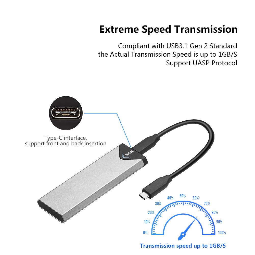 Aluminum M.2 NVME SSD Enclosure Adapter, USB 3.1/3.2 Gen 2 (10 Gbps) to NVME PCI-E M-Key Solid State Drive External Enclosure Support UASP Trim (Fits only NVMe PCIe 2242/2260/2280)