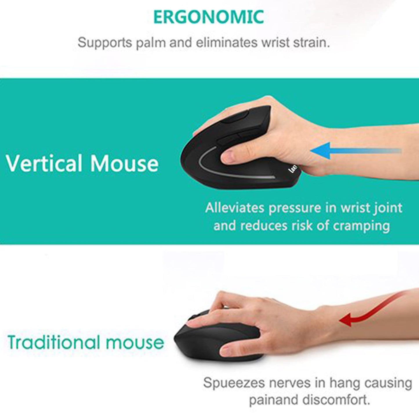 Ergonomic Mouse, Vertical Wireless Mouse - Rechargeable 2.4GHz Optical Vertical Mice : 3 Adjustable DPI 800/1200/1600 Levels 6 Buttons, for Laptop, PC, Computer, Desktop, Notebook etc, Black