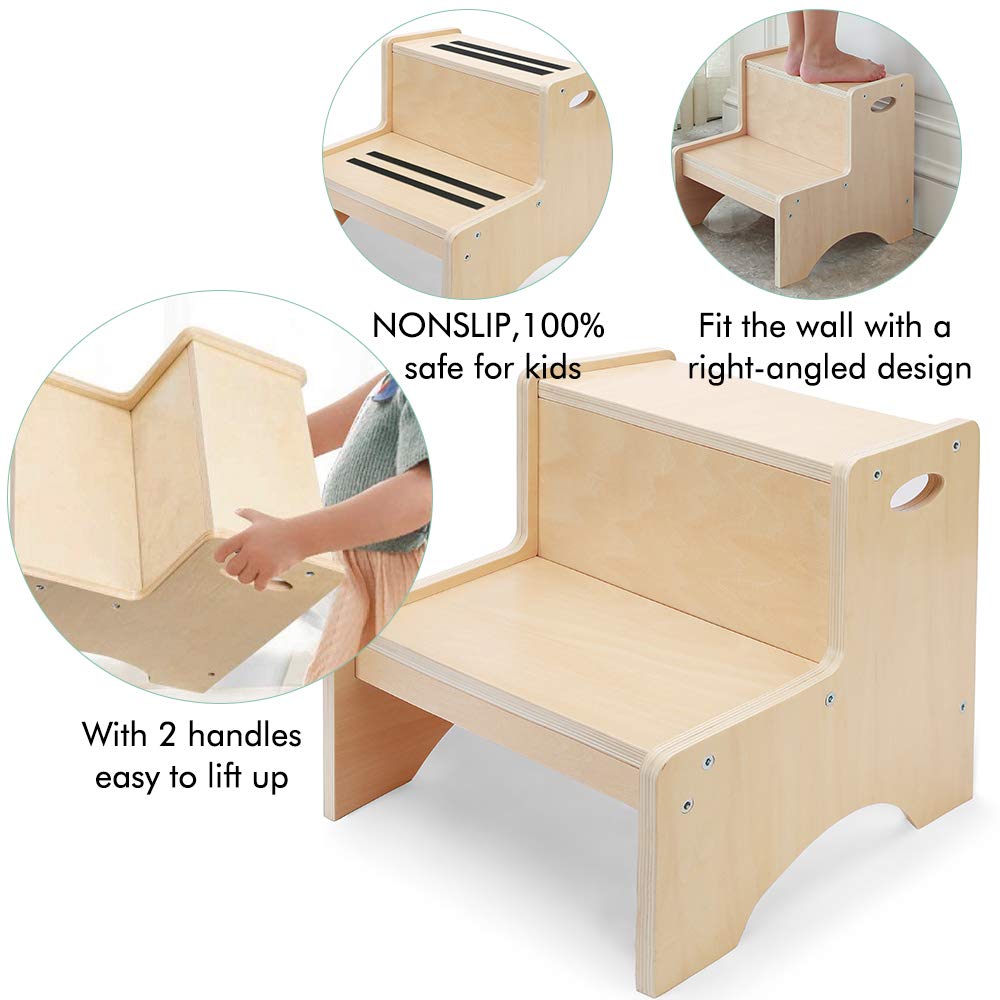 Step Stool for Kids, Wood Two Step Children's Stool with Bonus Safety Non- Mats and Handles, Bathroom Potty Stool& Kitchen Step Stool for Home Use Natural)